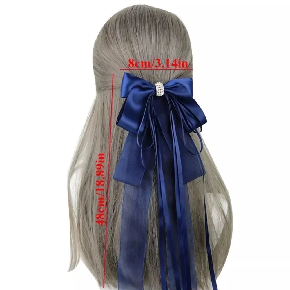 White - Long Oversized Satin & Lace Bow French Barrette Hair Clip
